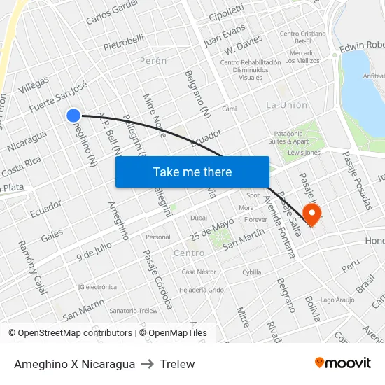 Ameghino X Nicaragua to Trelew map