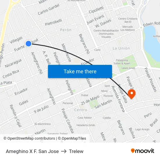 Ameghino X F. San Jose to Trelew map