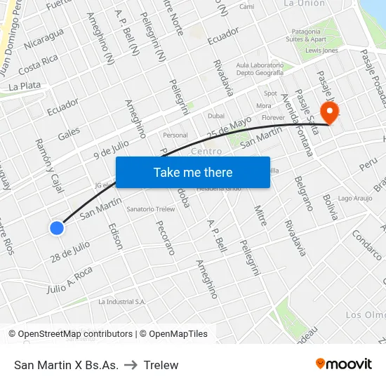 San Martin X Bs.As. to Trelew map