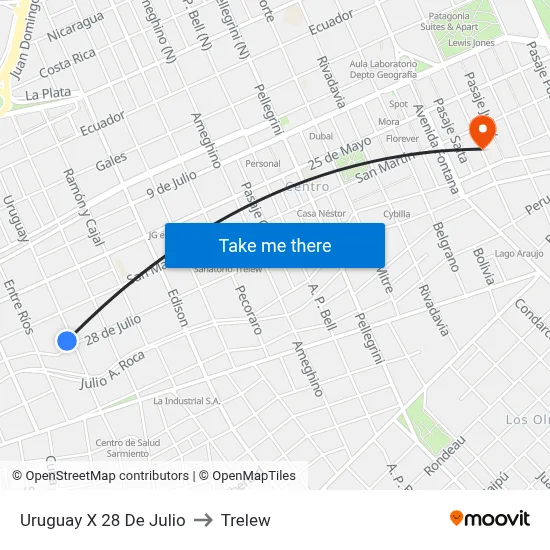 Uruguay X 28 De Julio to Trelew map