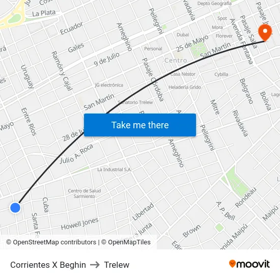Corrientes X Beghin to Trelew map