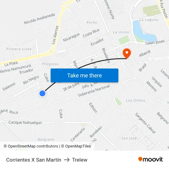 Corrientes X San Martín to Trelew map