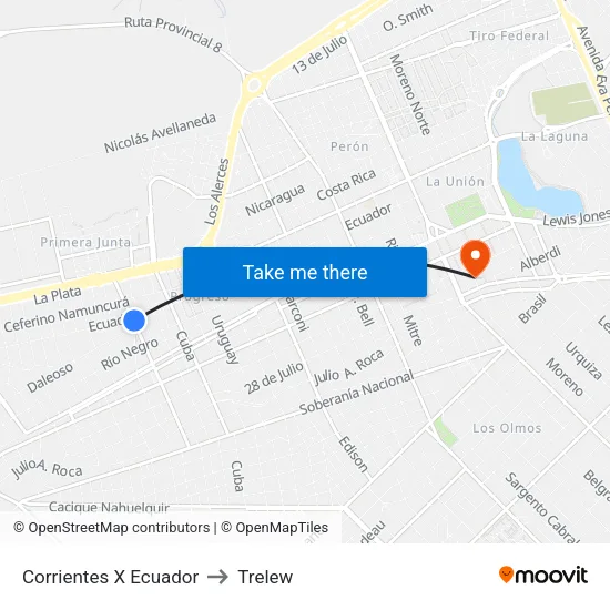 Corrientes X Ecuador to Trelew map