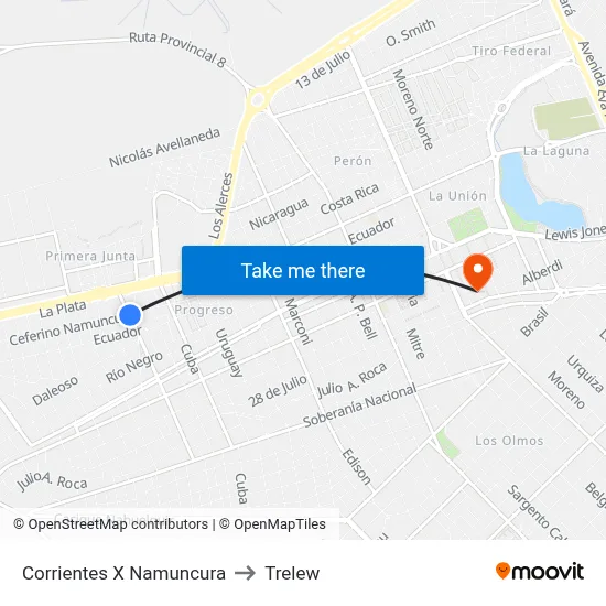 Corrientes X Namuncura to Trelew map