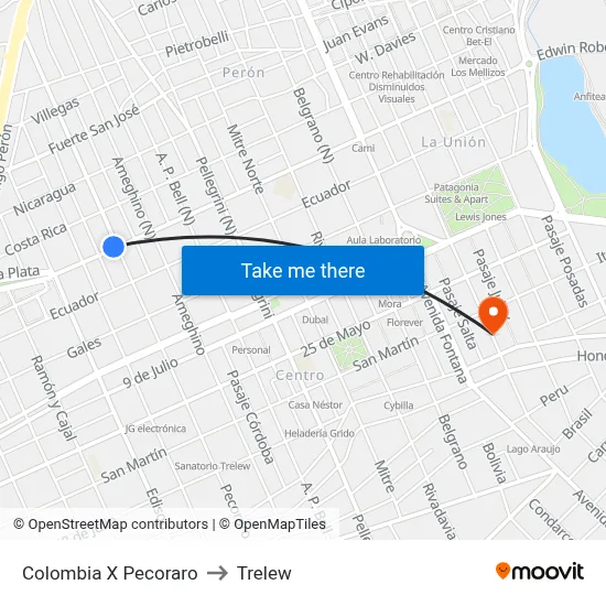 Colombia X Pecoraro to Trelew map