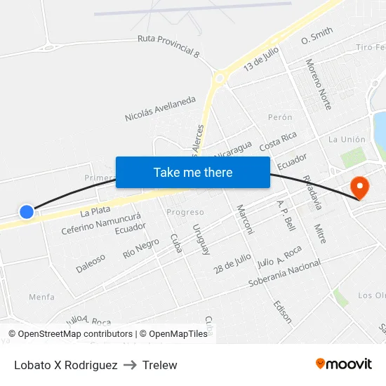 Lobato X Rodriguez to Trelew map