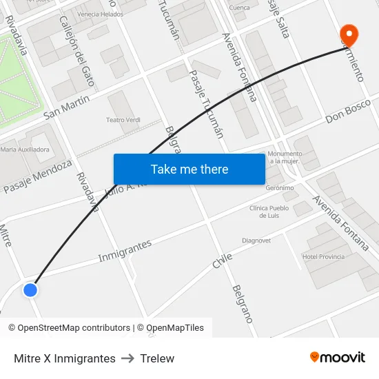 Mitre X Inmigrantes to Trelew map