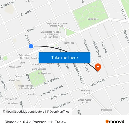 Rivadavia X Av. Rawson to Trelew map