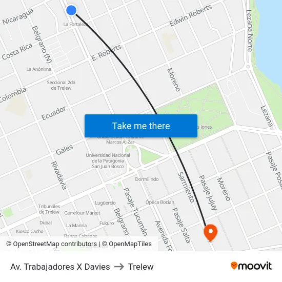 Av. Trabajadores X Davies to Trelew map