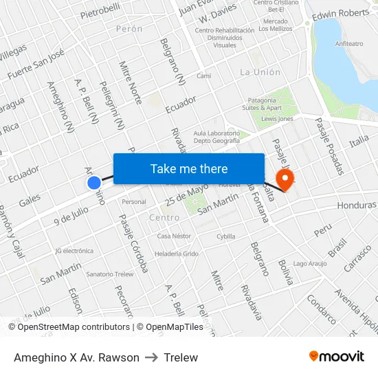 Ameghino X Av. Rawson to Trelew map