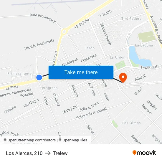 Los Alerces, 210 to Trelew map