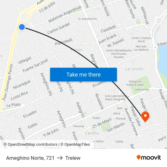 Ameghino Norte, 721 to Trelew map