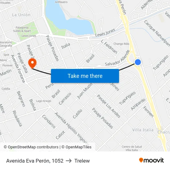 Avenida Eva Perón, 1052 to Trelew map