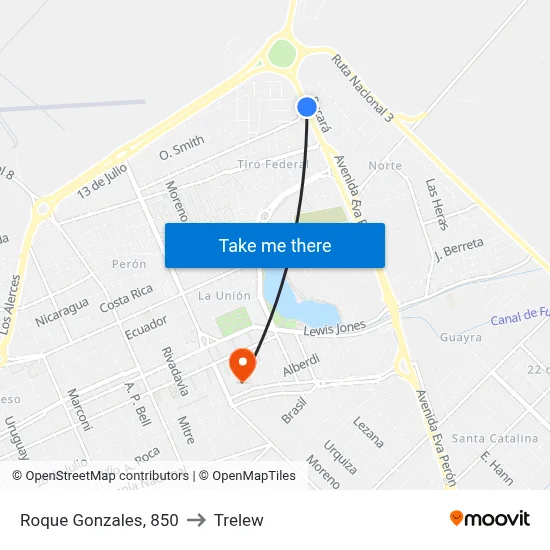 Roque Gonzales, 850 to Trelew map