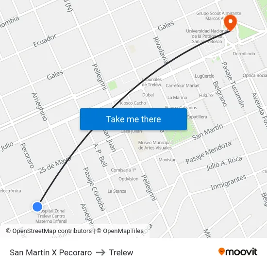 San Martín X Pecoraro to Trelew map
