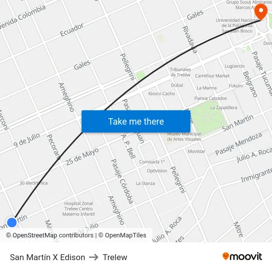 San Martín X Edison to Trelew map