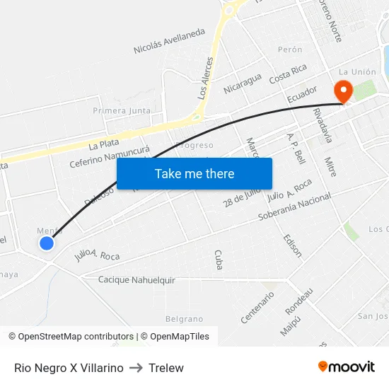 Rio Negro X Villarino to Trelew map