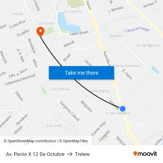 Av. Perón X 12 De Octubre to Trelew map