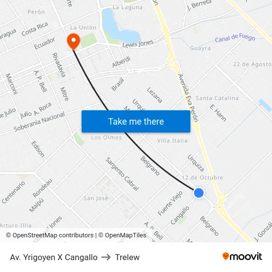 Av. Yrigoyen X Cangallo to Trelew map