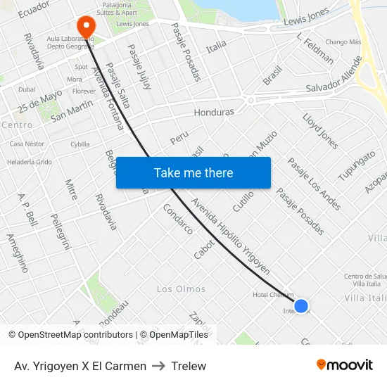 Av. Yrigoyen X El Carmen to Trelew map