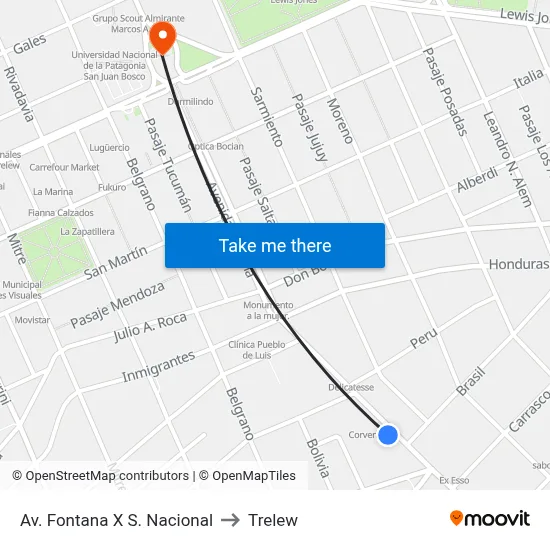 Av. Fontana X S. Nacional to Trelew map