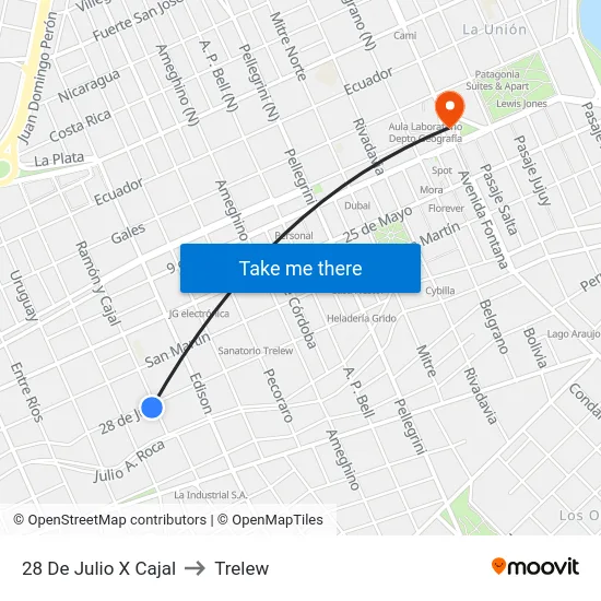 28 De Julio X Cajal to Trelew map