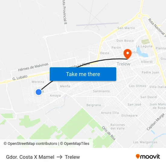 Gdor. Costa X Mamel to Trelew map