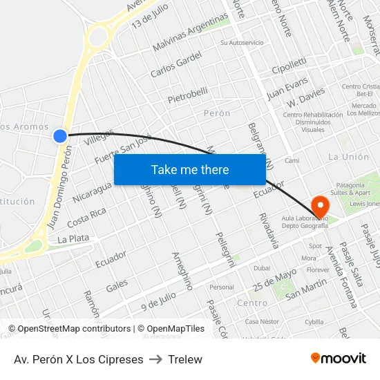 Av. Perón X Los Cipreses to Trelew map