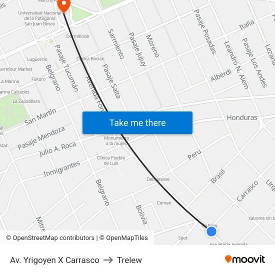 Av. Yrigoyen X Carrasco to Trelew map
