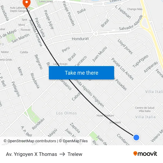 Av. Yrigoyen X Thomas to Trelew map