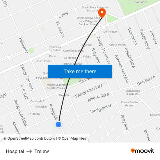 Hospital to Trelew map