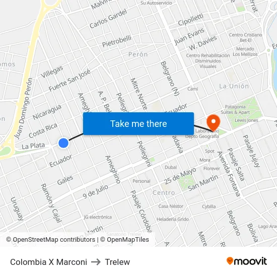 Colombia X Marconi to Trelew map