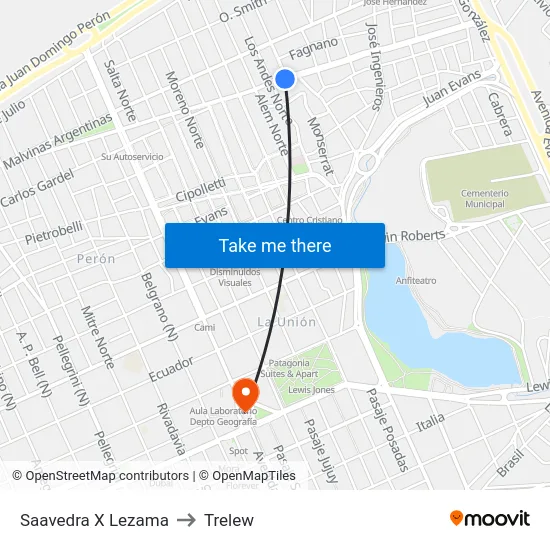 Saavedra X Lezama to Trelew map