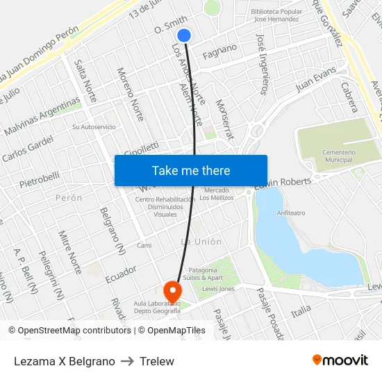 Lezama X Belgrano to Trelew map