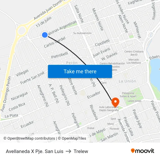 Avellaneda X Pje. San Luis to Trelew map