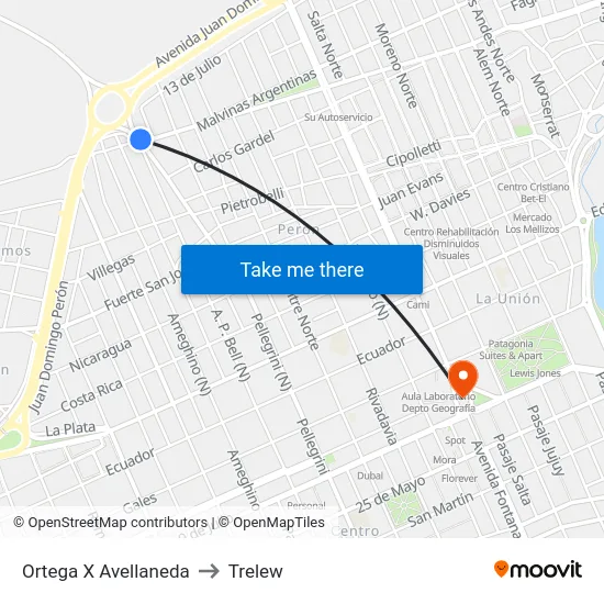 Ortega X Avellaneda to Trelew map