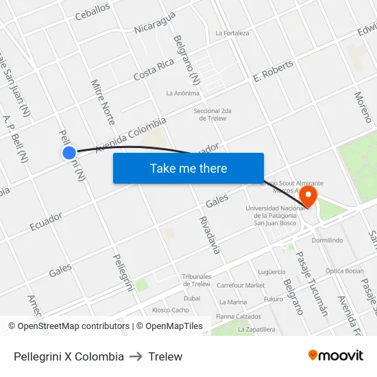 Pellegrini X Colombia to Trelew map