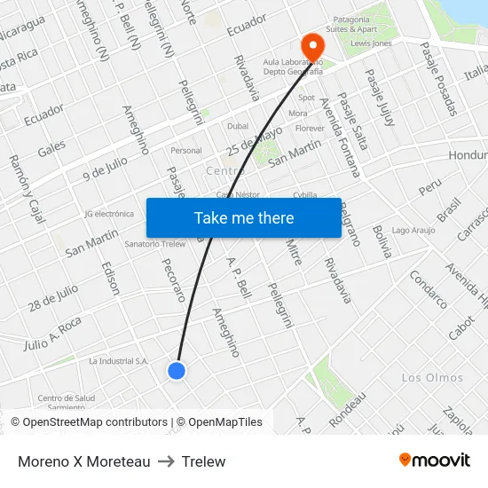 Moreno X Moreteau to Trelew map