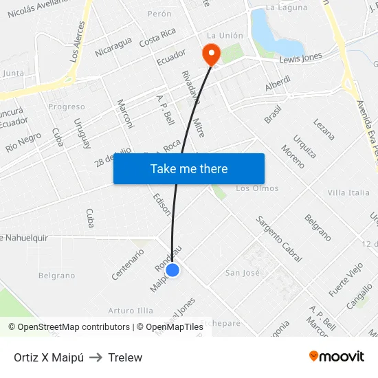 Ortiz X Maipú to Trelew map