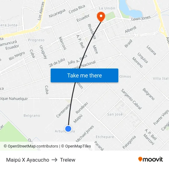 Maipú X Ayacucho to Trelew map