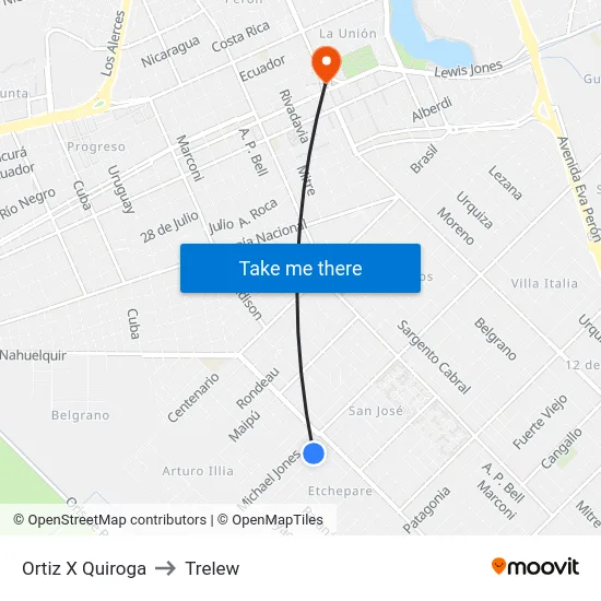 Ortiz X Quiroga to Trelew map