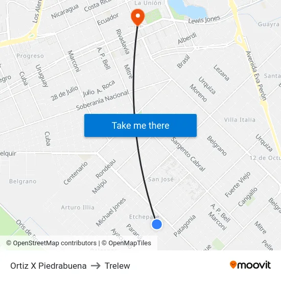 Ortiz X Piedrabuena to Trelew map