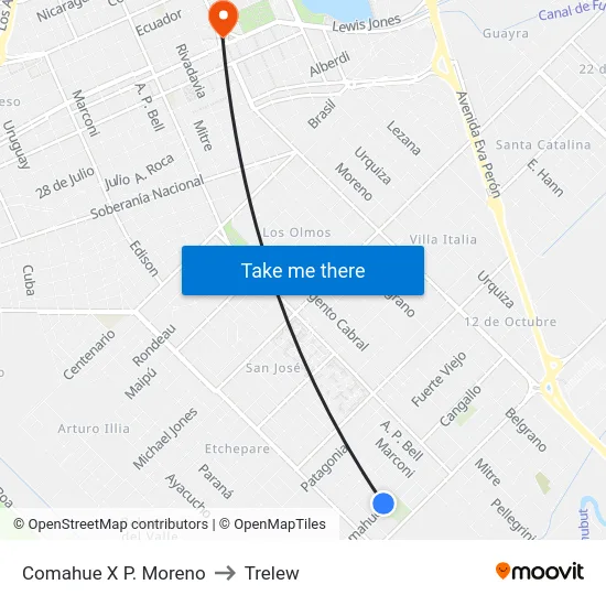 Comahue X P. Moreno to Trelew map