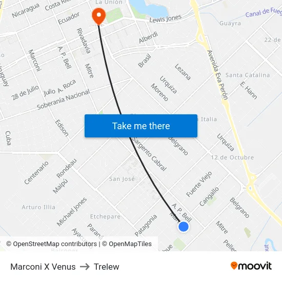Marconi X Venus to Trelew map