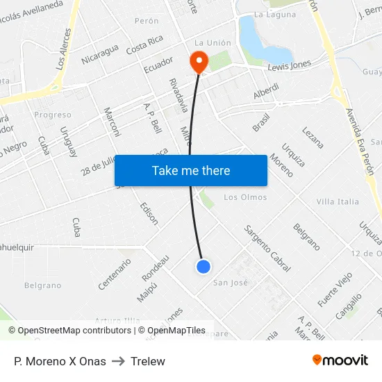 P. Moreno X Onas to Trelew map
