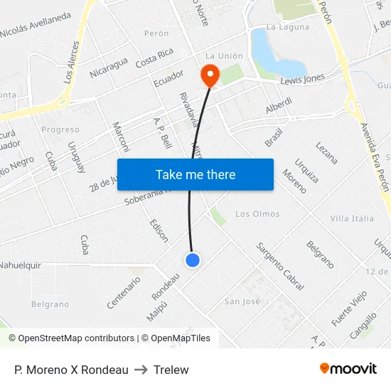 P. Moreno X Rondeau to Trelew map