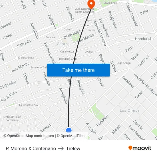 P. Moreno X Centenario to Trelew map