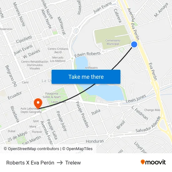 Roberts X Eva Perón to Trelew map