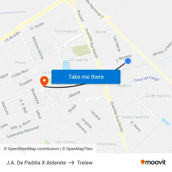 J.A. De Padilla X Alderete to Trelew map
