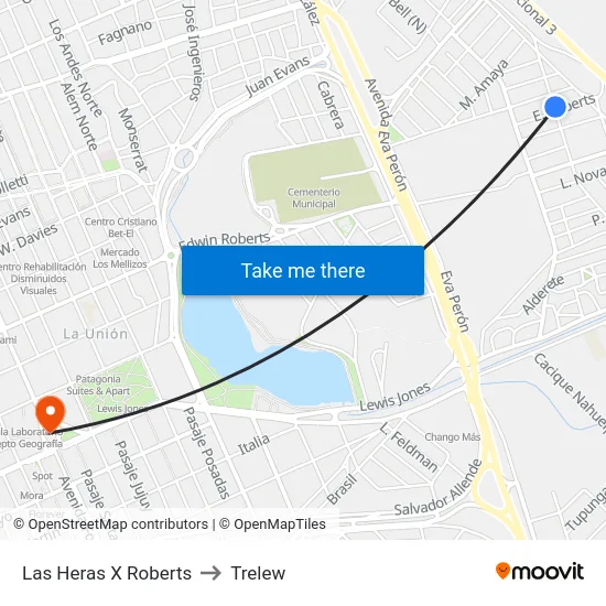 Las Heras X Roberts to Trelew map